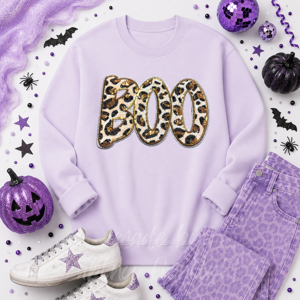 Cheetah Print Boo Halloween Sequin Patch Sweatshirt