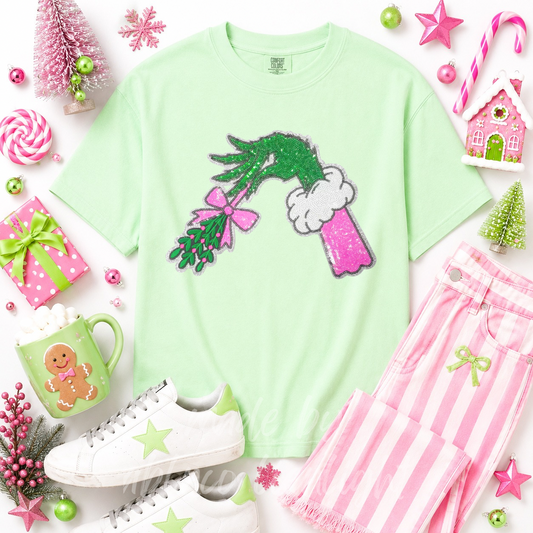 Grinch Hand Mistletoe Christmas Sequin Patch Tshirt