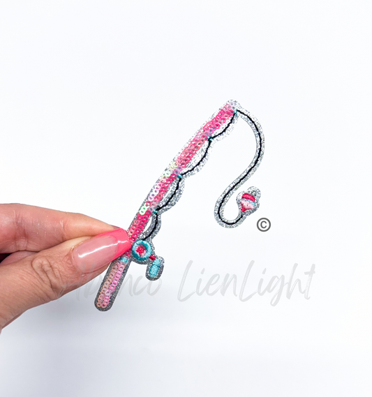 Pink Fishing Rod Hunting Sequins Patch