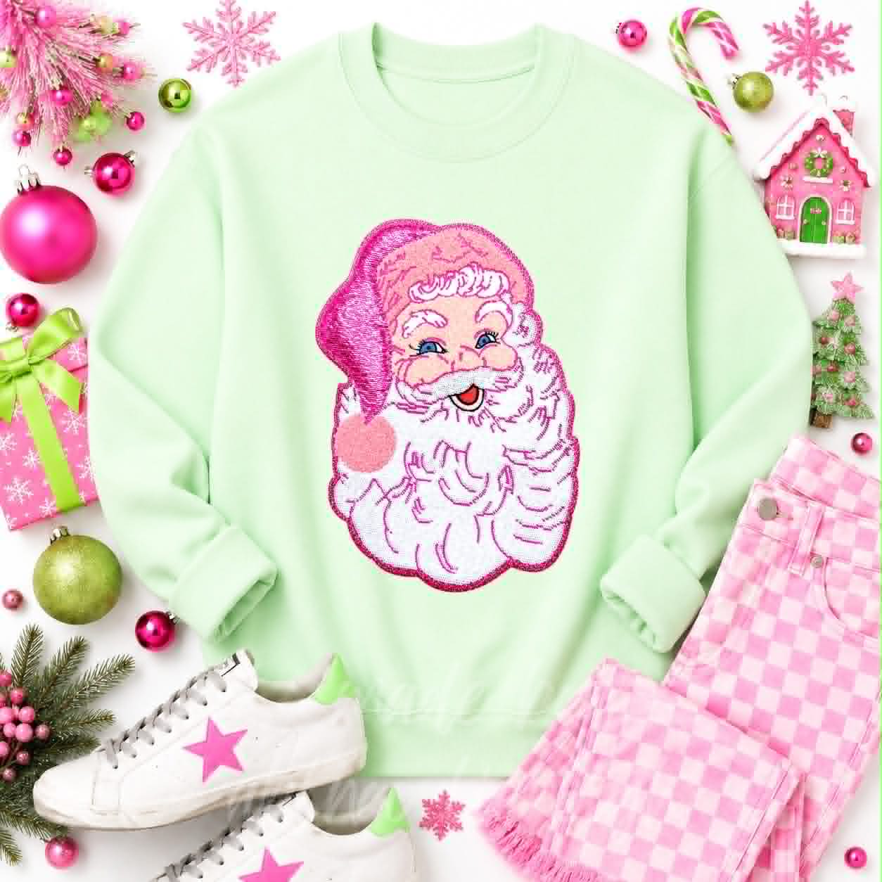 Pink Santa Christmas Sequin Patch Sweatshirt