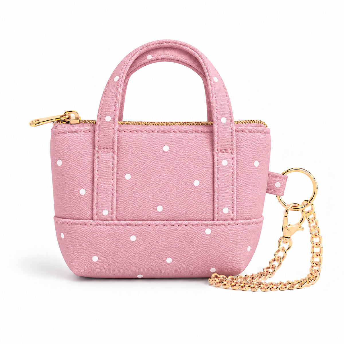 Pink Polka Dots Mini Tote Bag Keychain | Zippered Purse Charm & Pouch