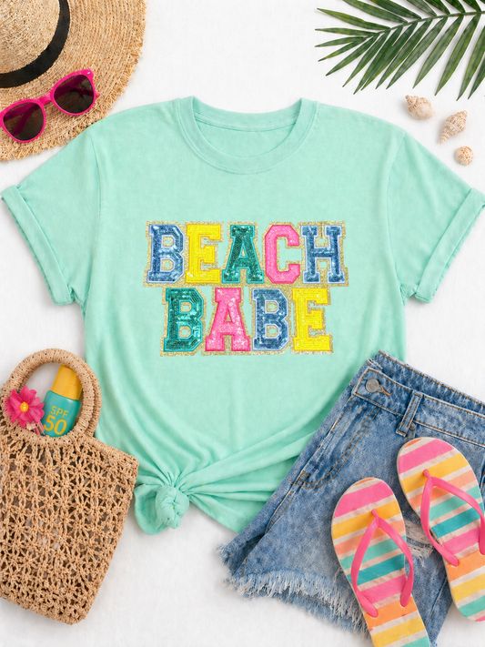 Colorful Beach Babe Summer Sequin Patch Tshirt