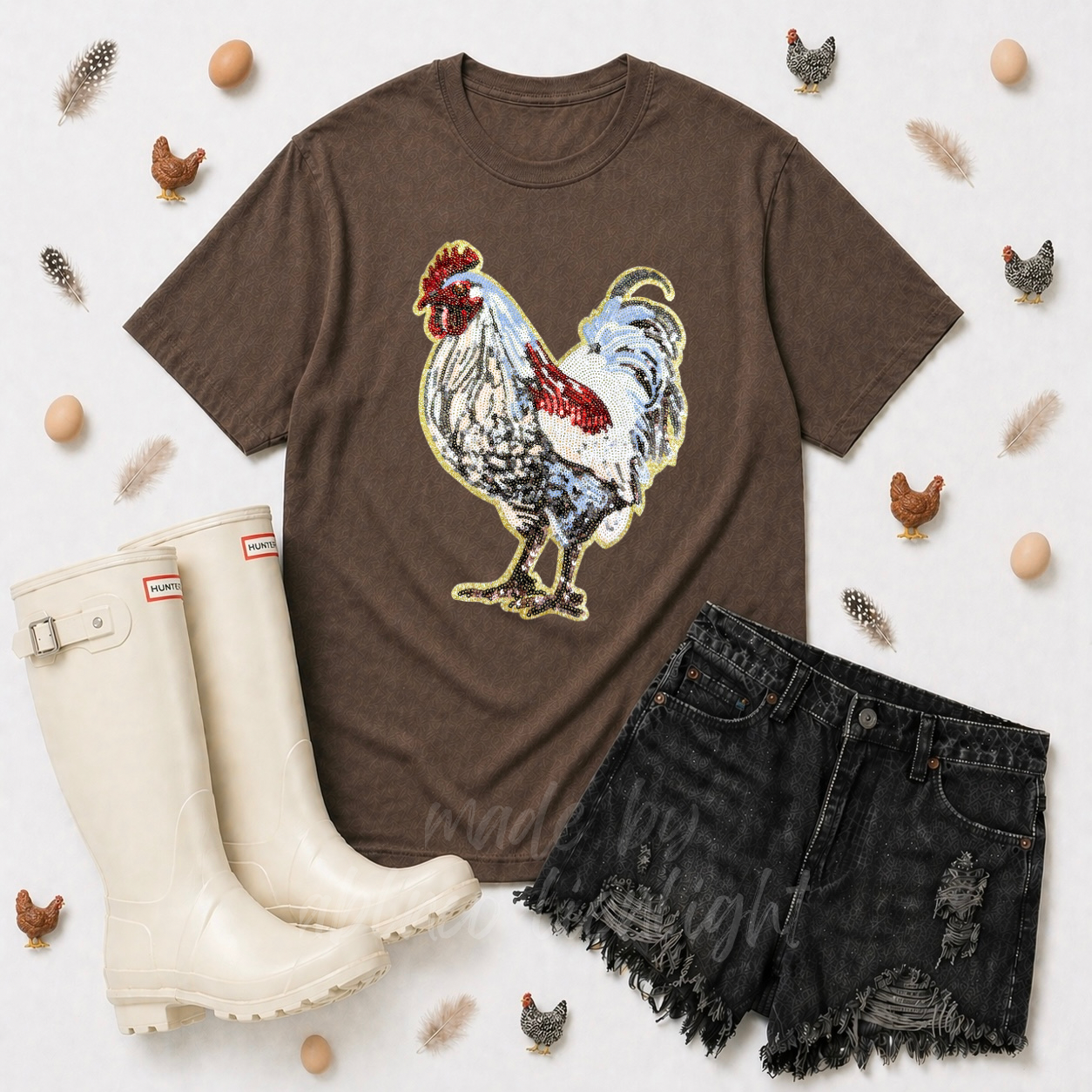 Chicken Farming Sequin Patch Tshirt