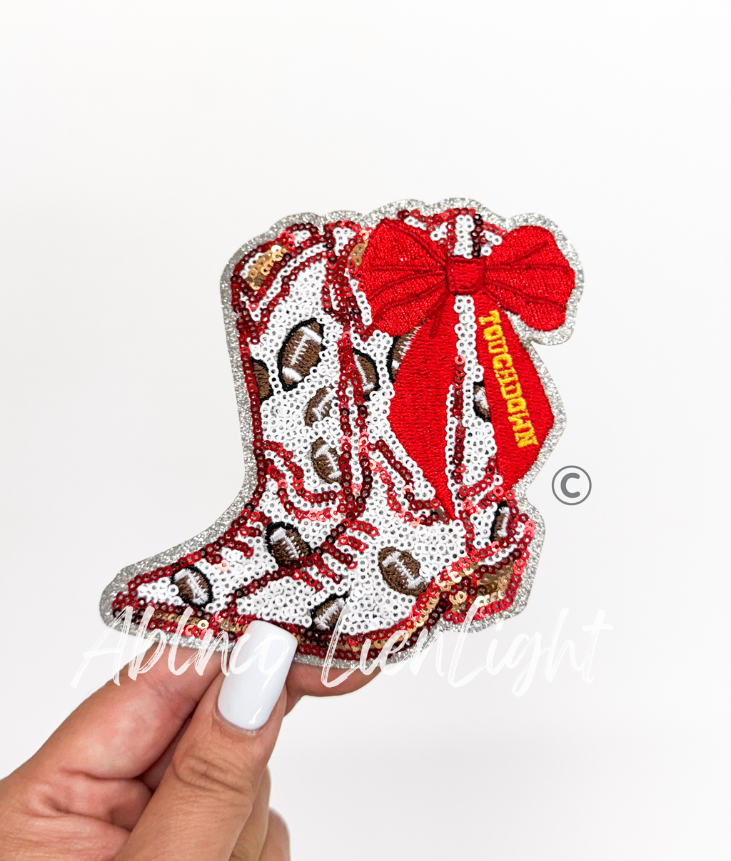 Red Bow Boot Touchdown Football Sequin Patch - Small