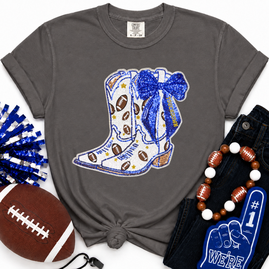 Football Touchdown Royal Blue Bow Boot Sequin Tshirt