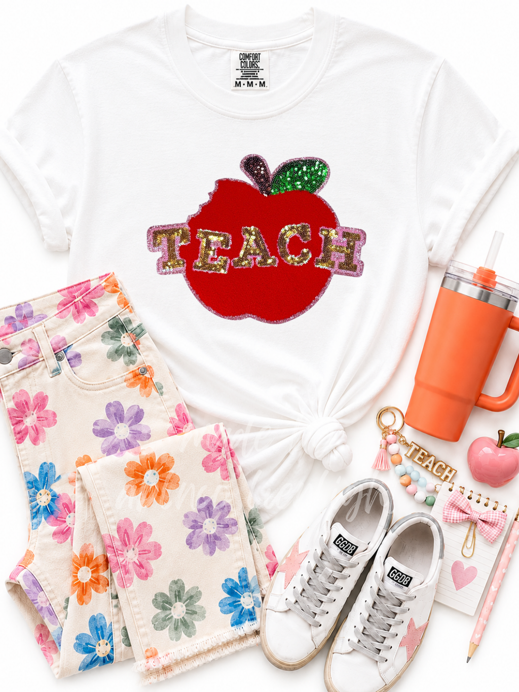 Teach Apple Teacher Chenille Sequin Patch Tshirt