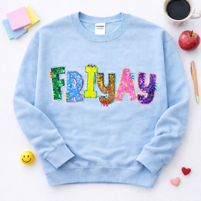 Colorful Friyay Teacher Sequin Patch Sweatshirt