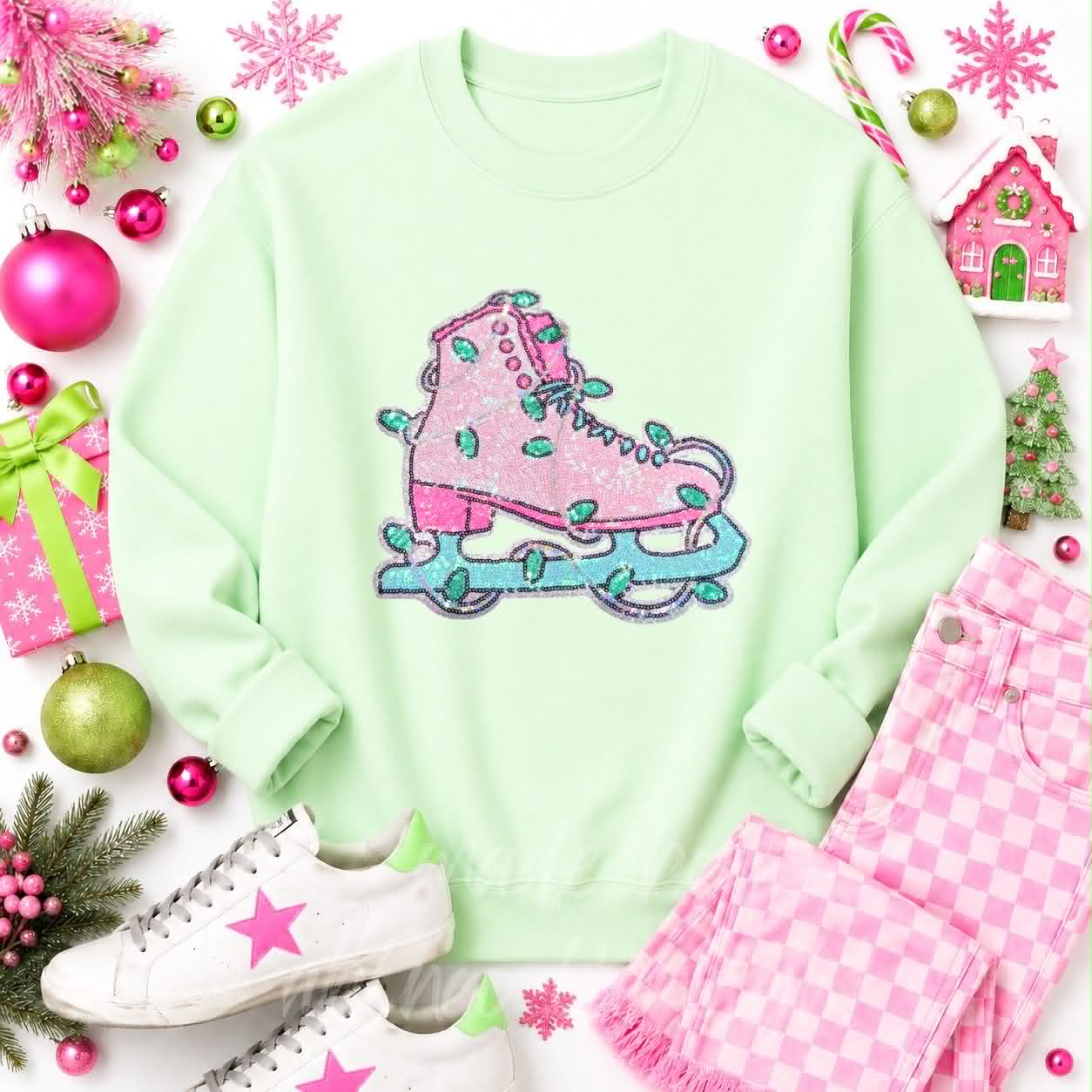 Pink Ice Skate Christmas Sequin Patch Sweatshirt