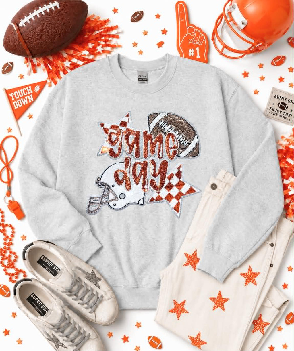Orange Game Day Checkered Football Sequin Patch Sweatshirt