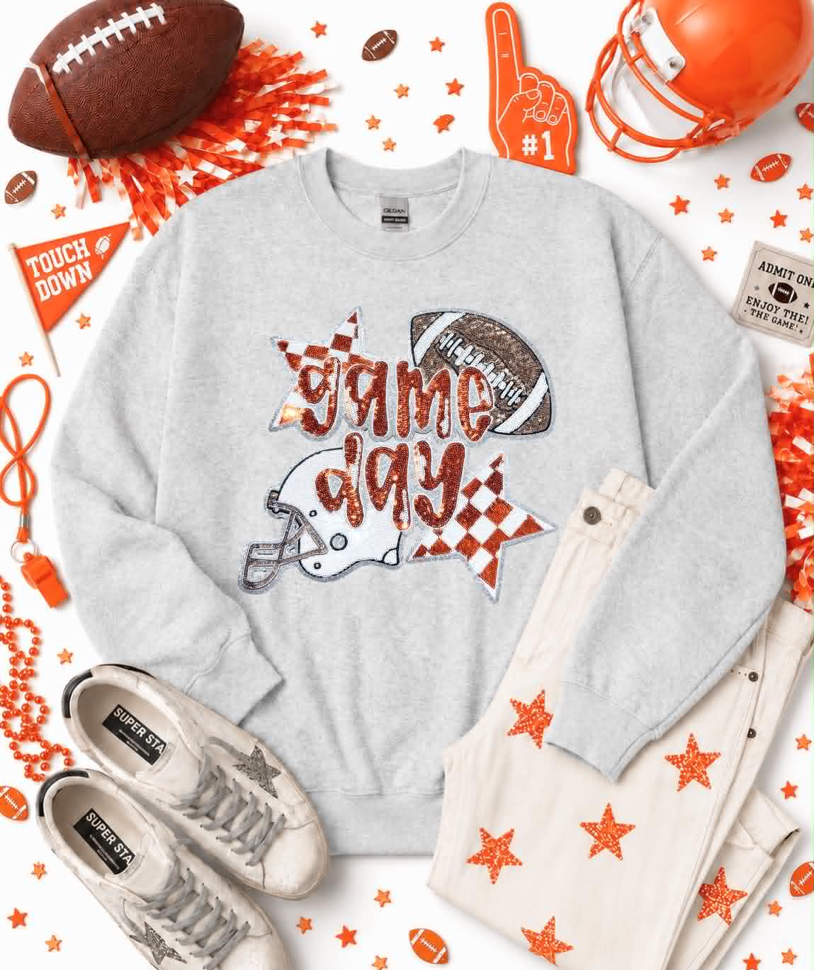 Orange Game Day Checkered Football Sequin Patch Sweatshirt
