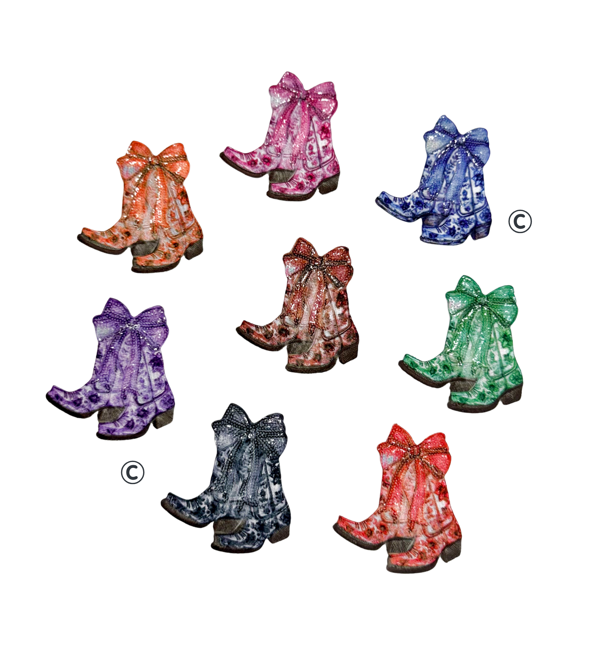 Blue Floral Cowboy Bow Boots Sequin Embroidery Patch
