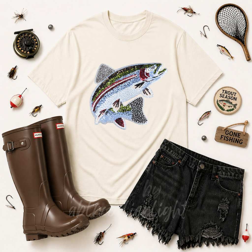 Rainbow Trout Fishing Sequin Patch Tshirt