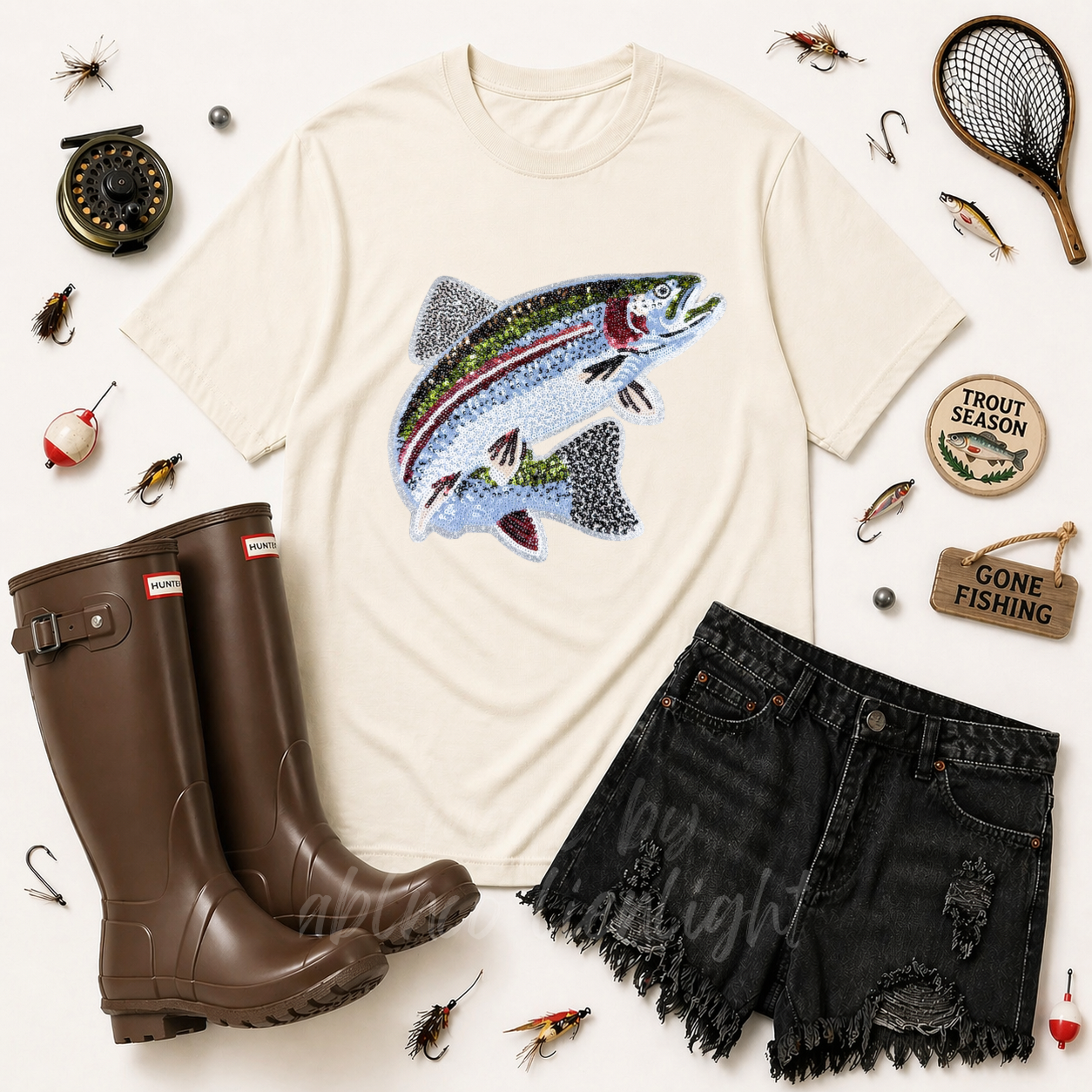 Rainbow Trout Fishing Sequin Patch Tshirt