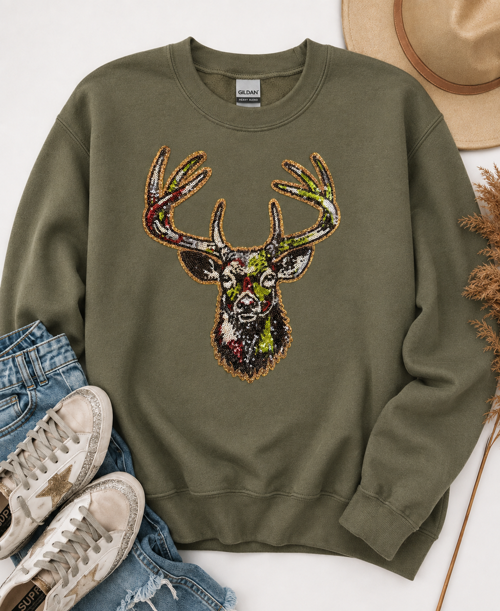 Camo Deer Hunting Sequin Patch Sweatshirt