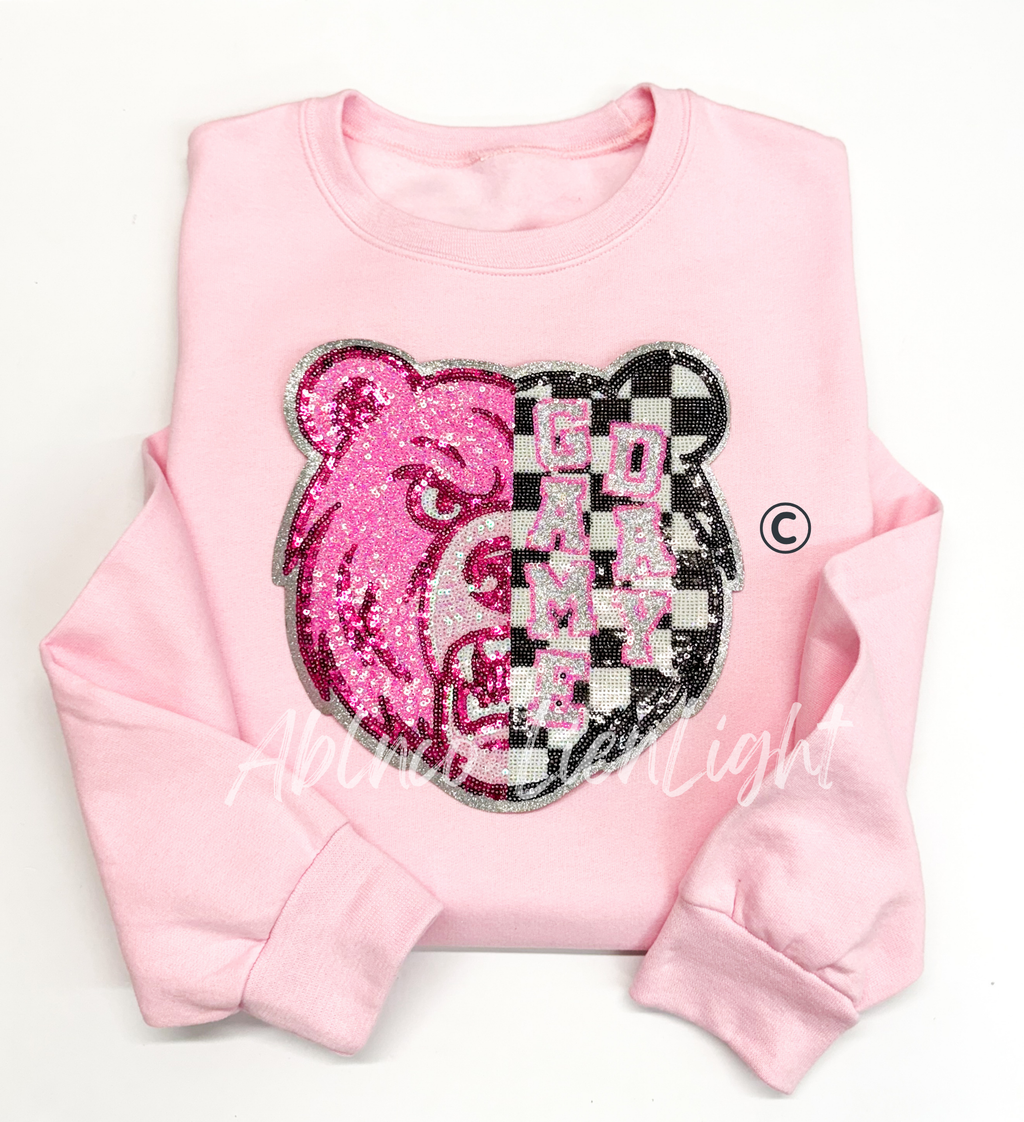 Bear Mascot Pink Checkered Sequin Patch - Large