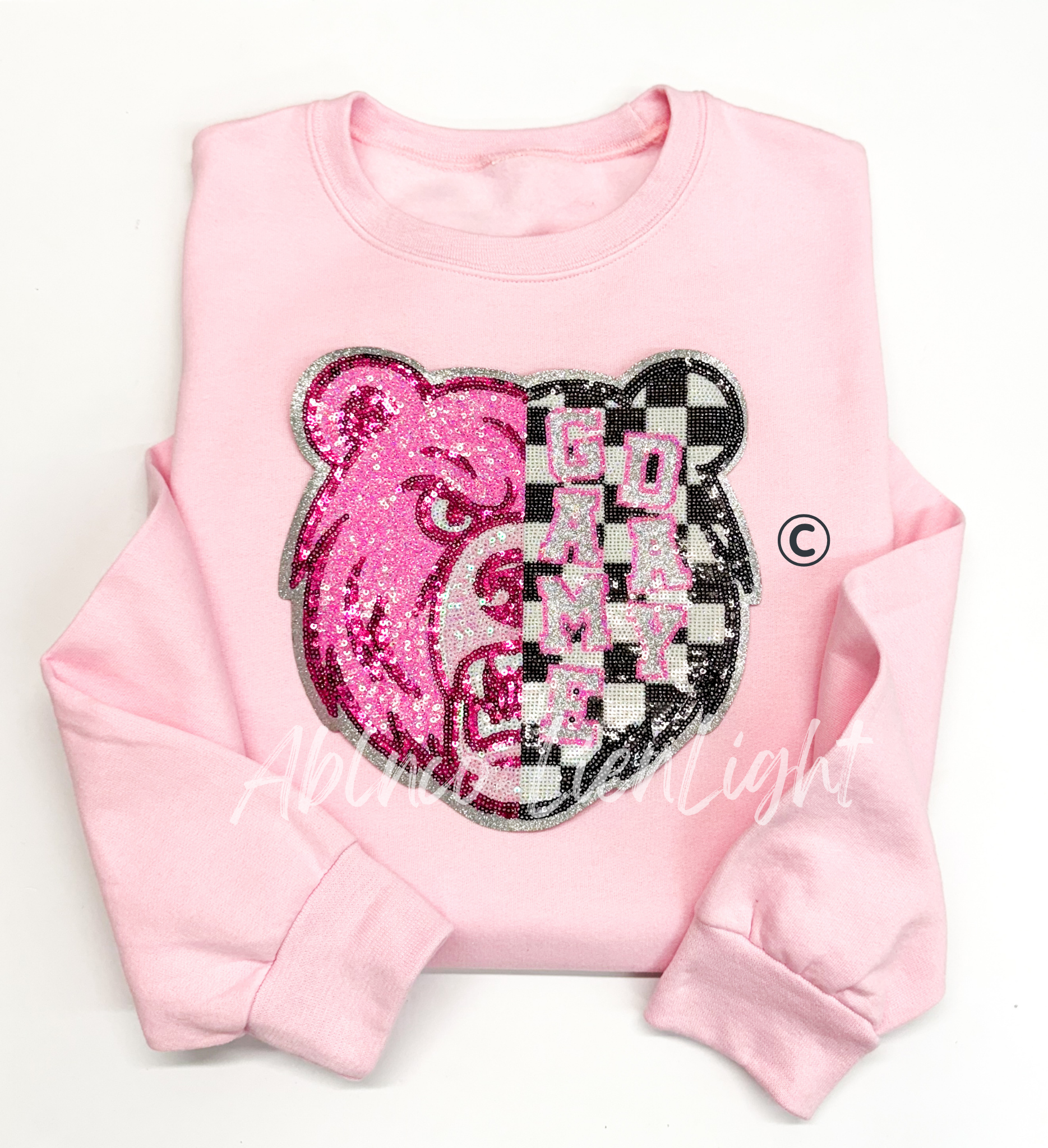 Bear Mascot Pink Checkered Sequin Patch - Large