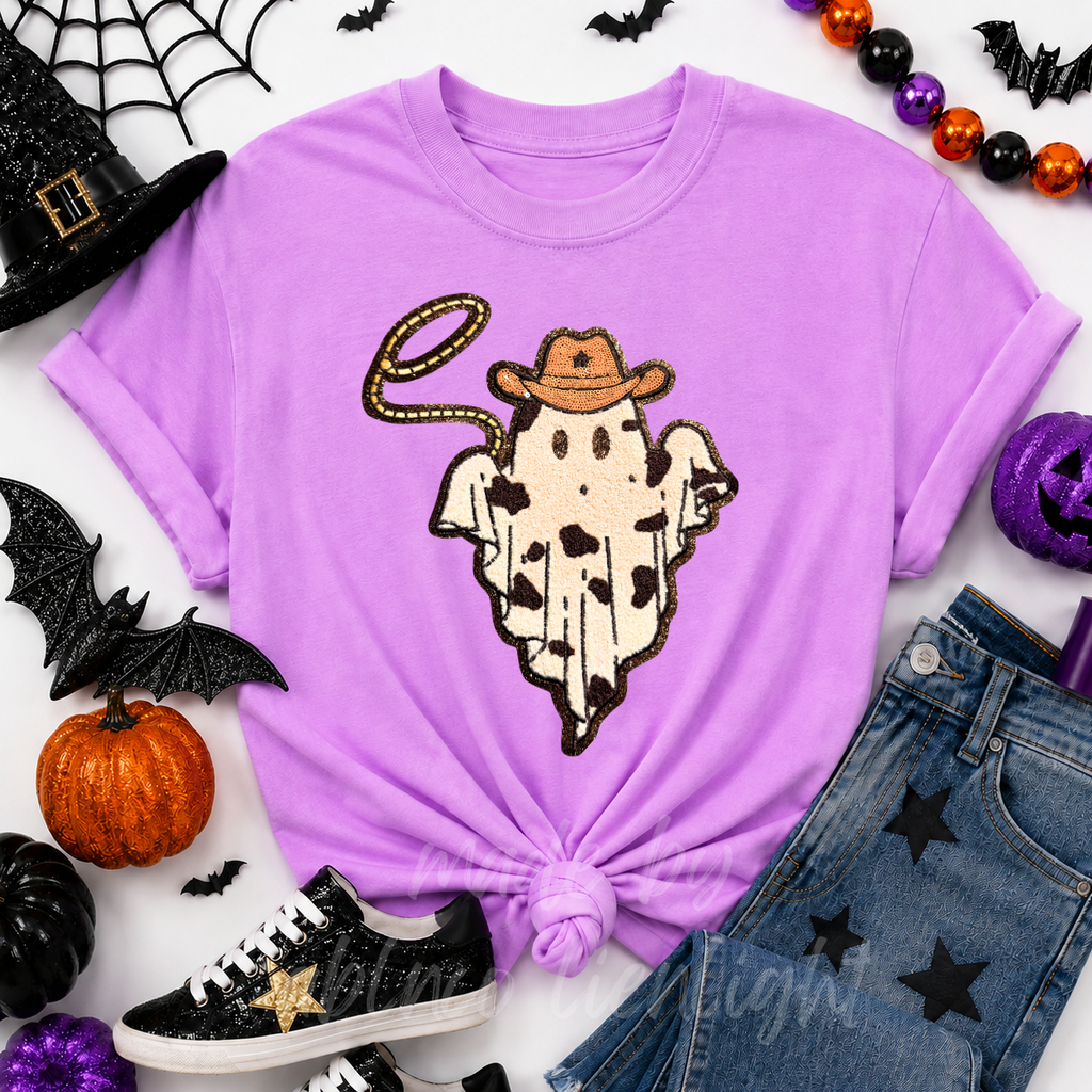 Cowboy Rope Ghost Halloween Sequin Patch Tshirt