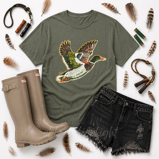 Mallard Duck Hunting Sequin Patch Tshirt