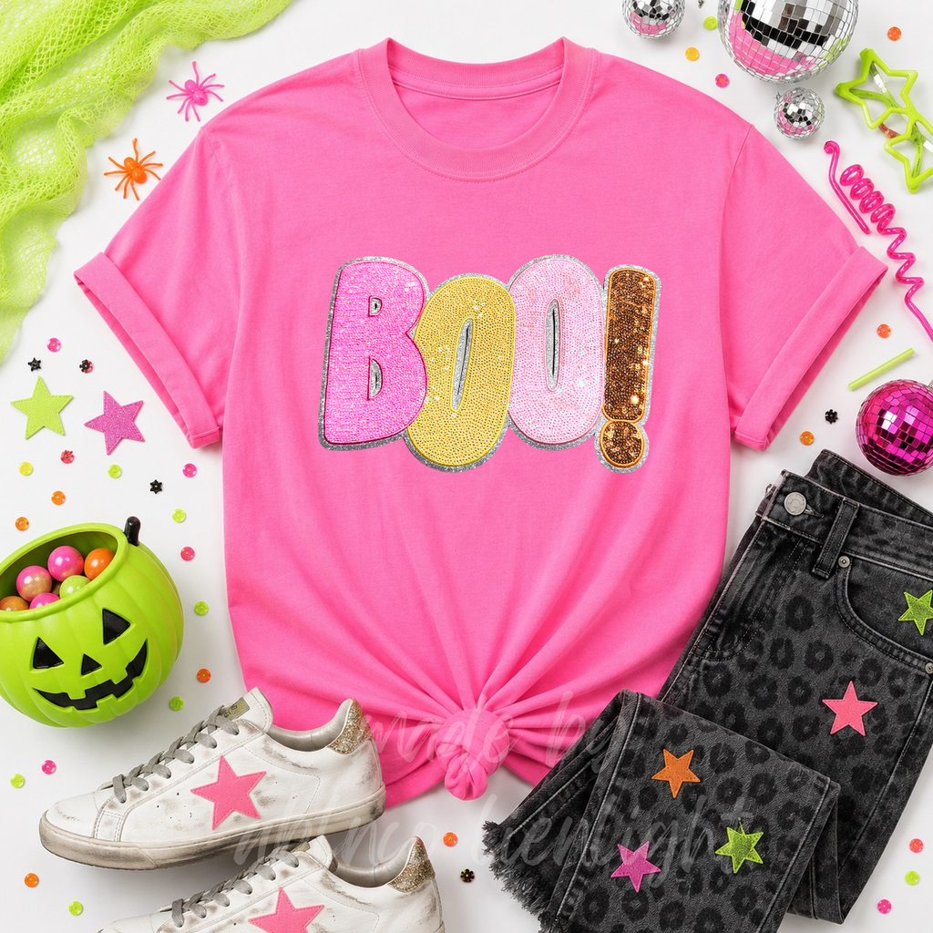 Colorful Boo Halloween Sequin Patch Tshirt