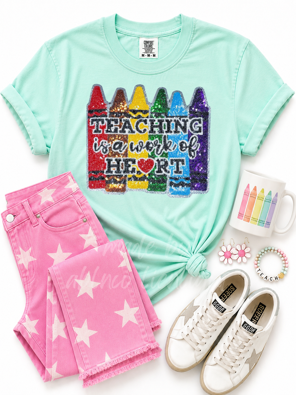 Teaching Is a Work Of Heart Teacher Sequin Patch Tshirt