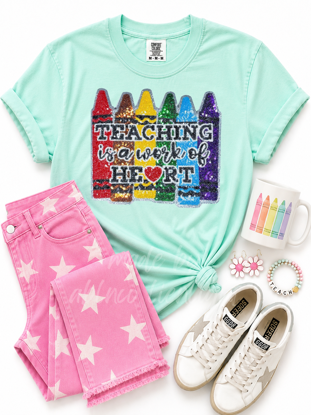 Teaching Is a Work Of Heart Teacher Sequin Patch Tshirt
