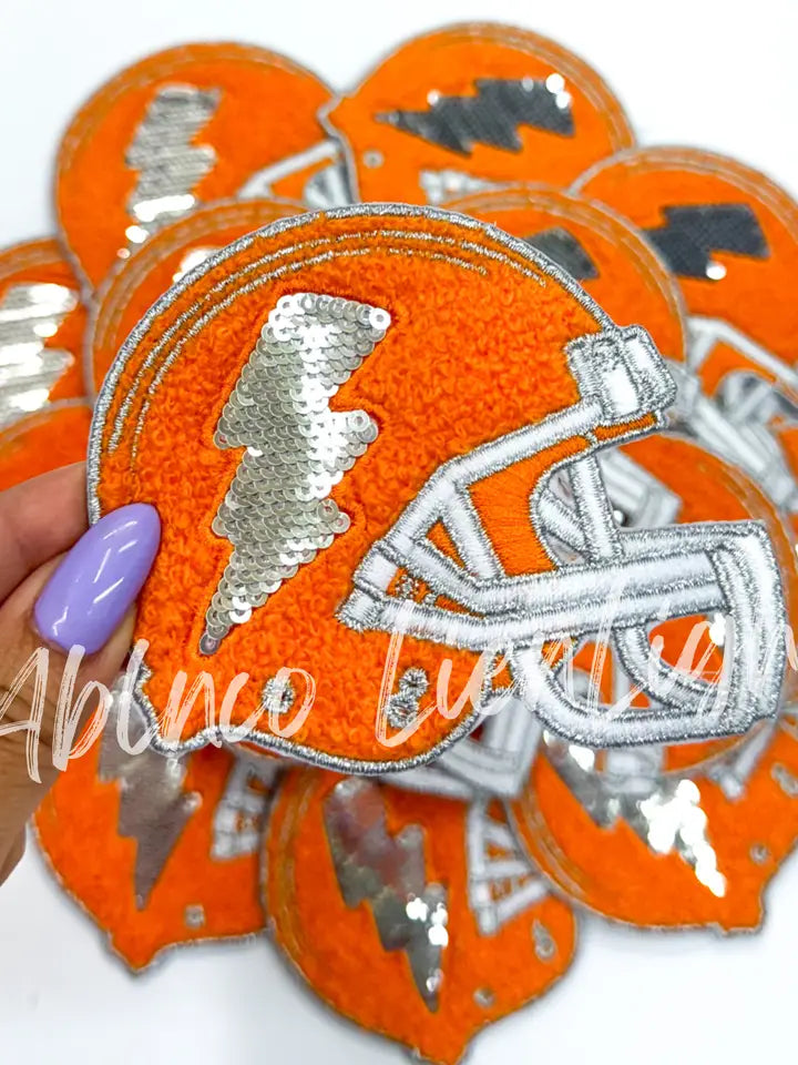 Orange Football Helmet Chenille Sequin Patch