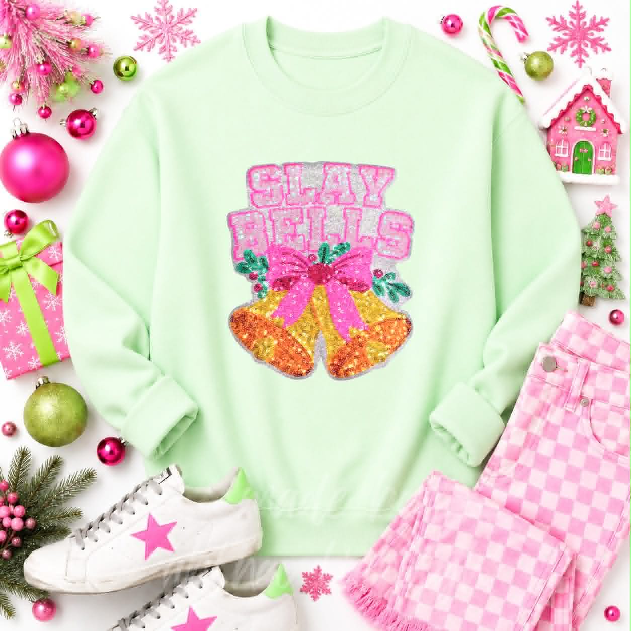 Slay Bells Christmas Sequin Patch Sweatshirt