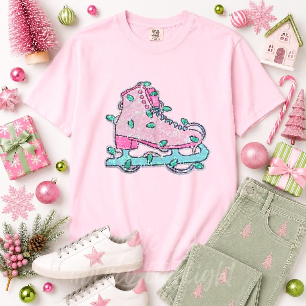 Ice Skate Christmas Sequin Patch Tshirt