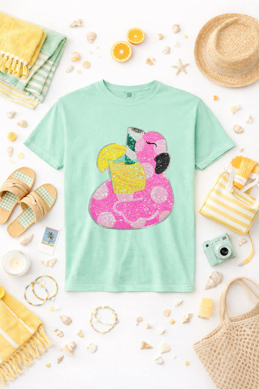 Pink Flamingo Drink Float Summer Sequin Patch Tshirt