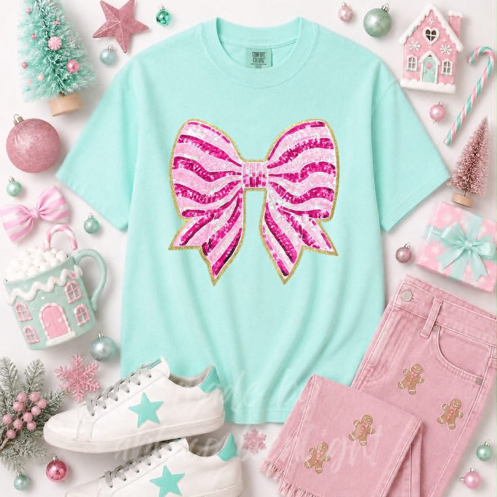 Pink Stripe Bow Christmas Sequin Patch Tshirt