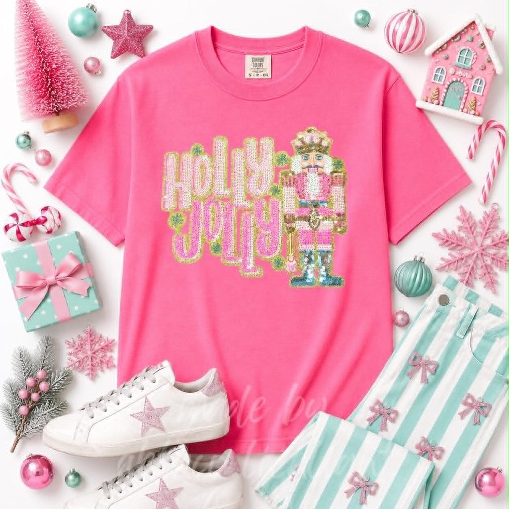 Holly Jolly Nutcracker Christmas Sequin Patch Tshirt