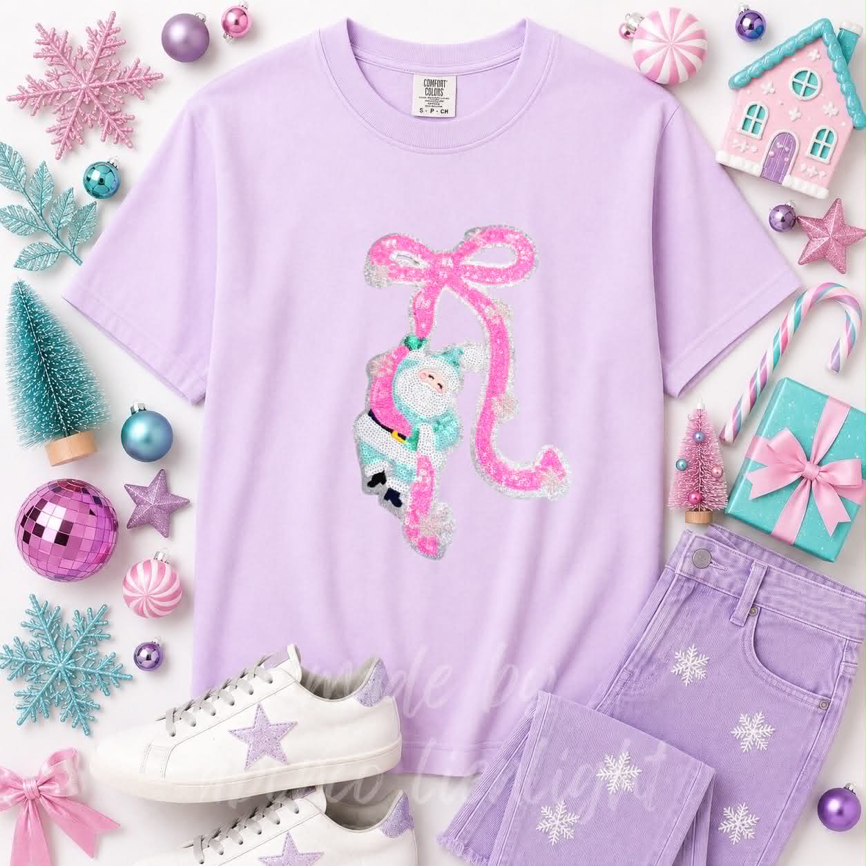 Pink Santa Bow Christmas Sequin Patch Tshirt