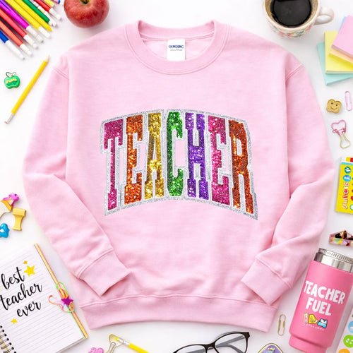 Colorful Teacher Sequin Patch Sweatshirt