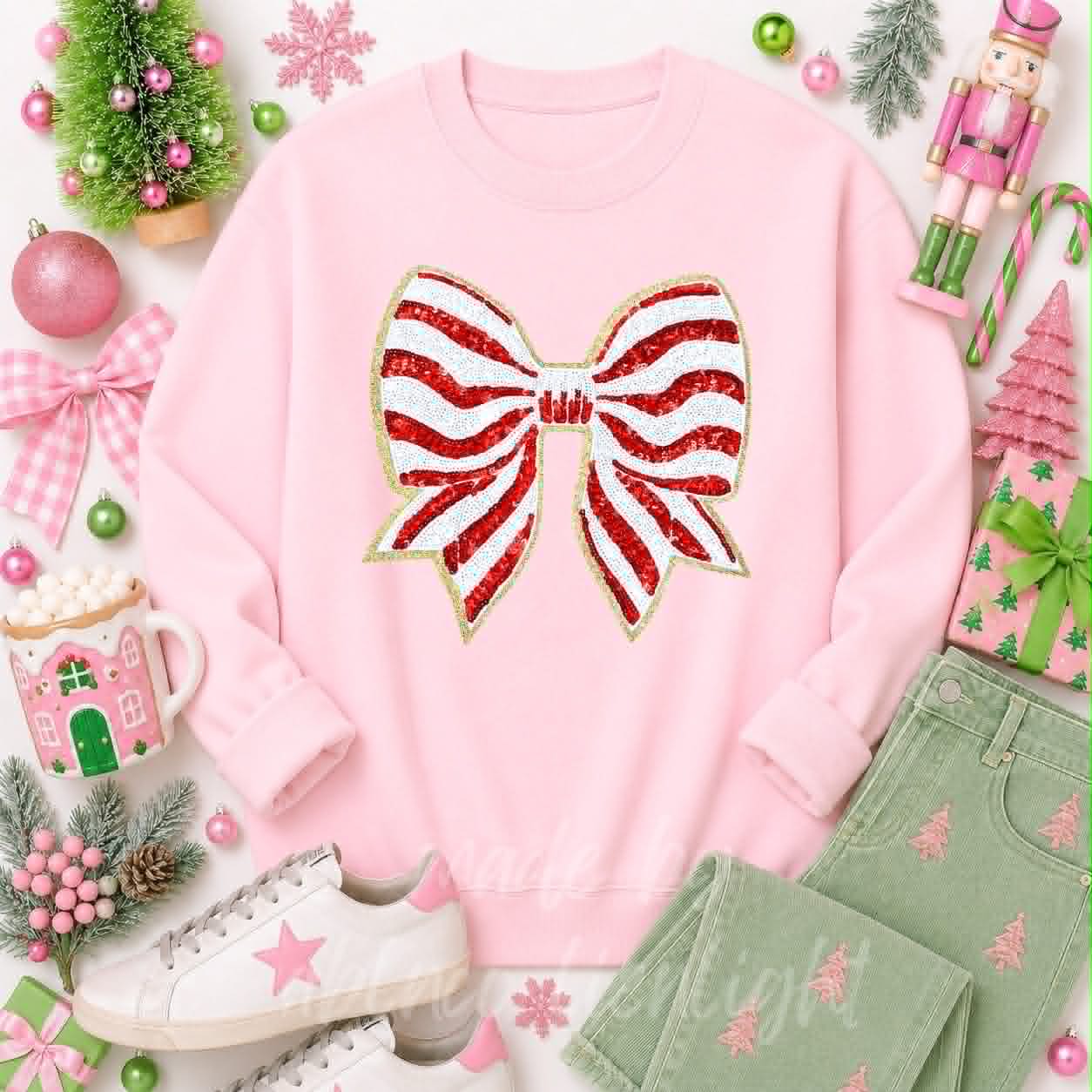 Red Stripe Bow Christmas Sequin Patch Sweatshirt