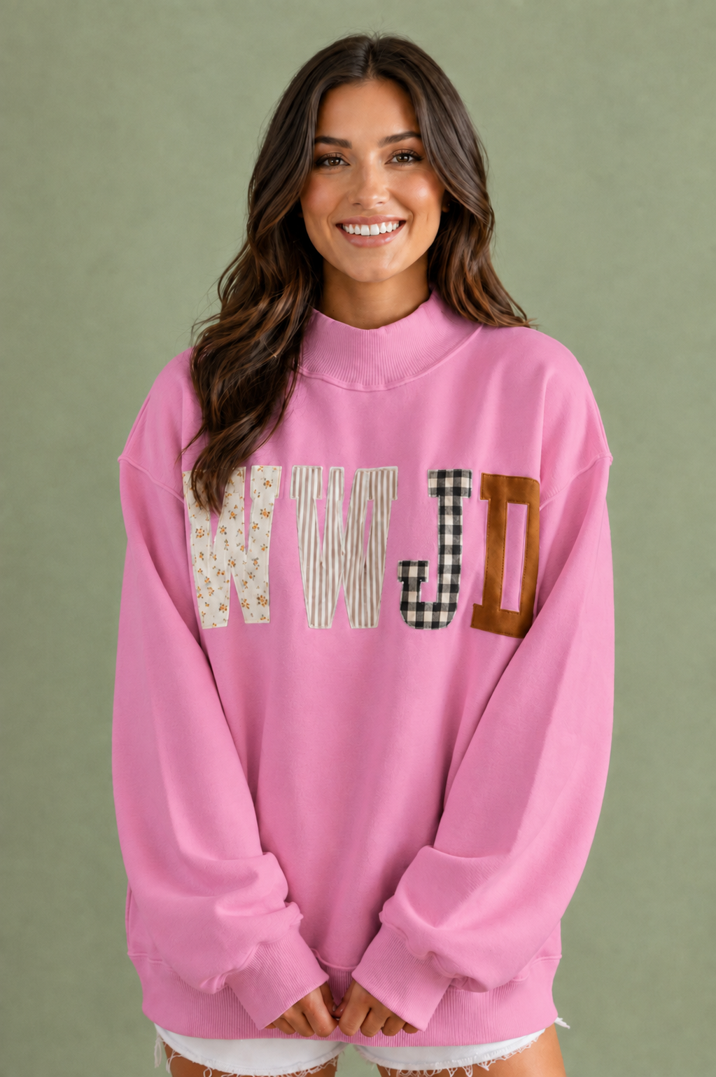 WWJD Appliqué Patchwork Mock Neck Sweatshirt | Christian Pullover