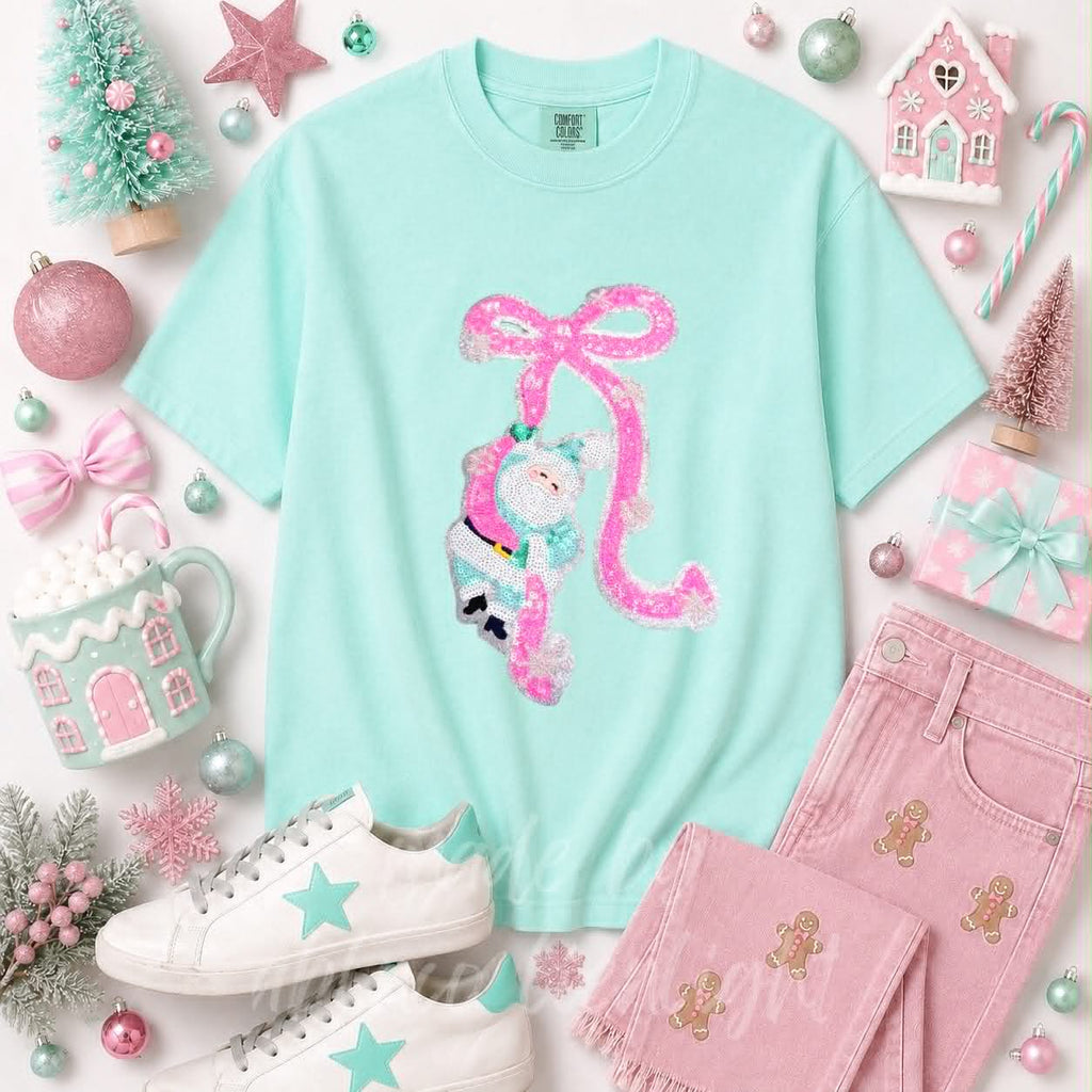 Pink Santa Bow Christmas Sequin Patch Tshirt