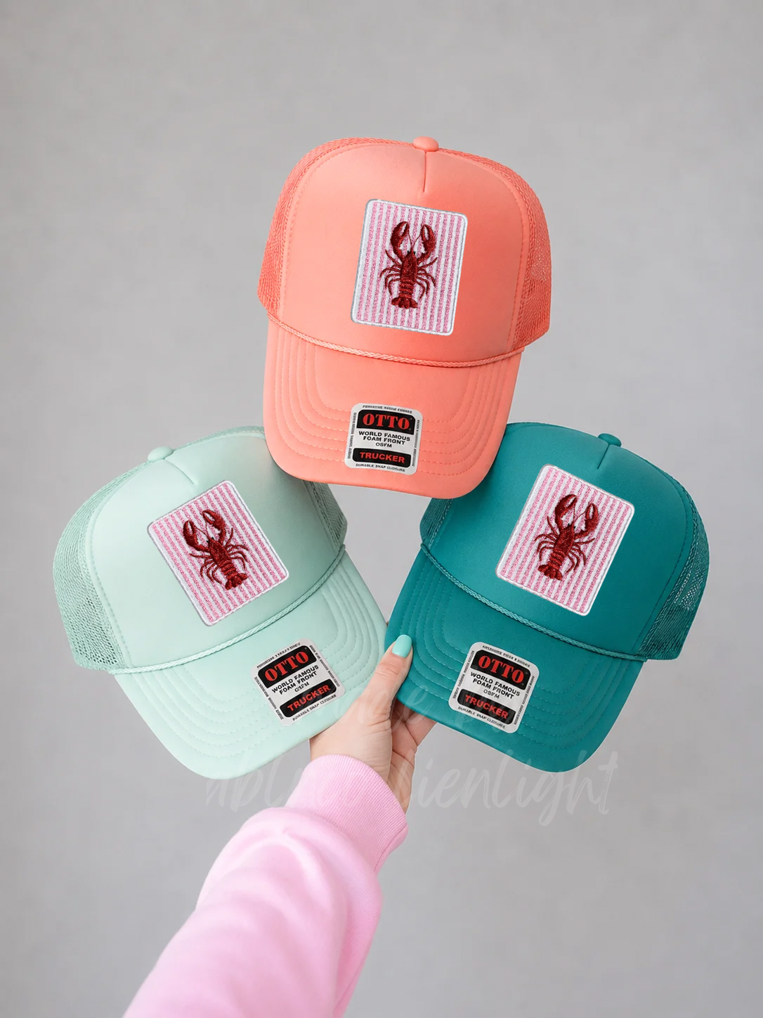 Pink Striped Lobster Summer Embroidery Patch Otto Trucker Hat