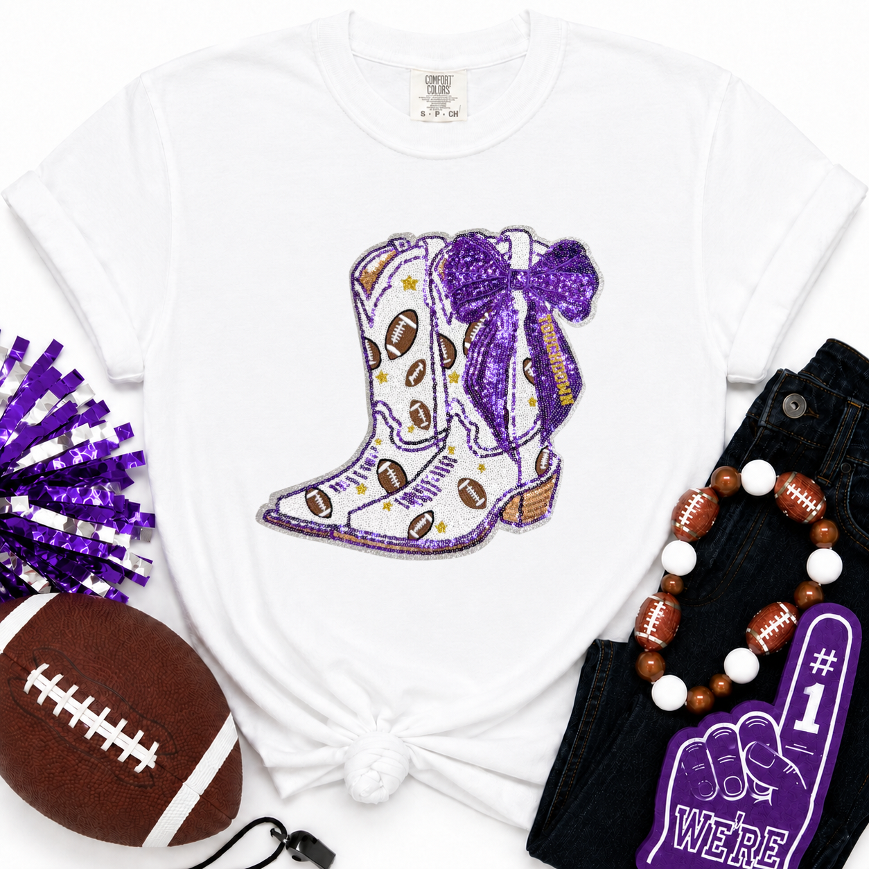 Purple Bow Boot Touchdown Football Sequin Patch Tshirt