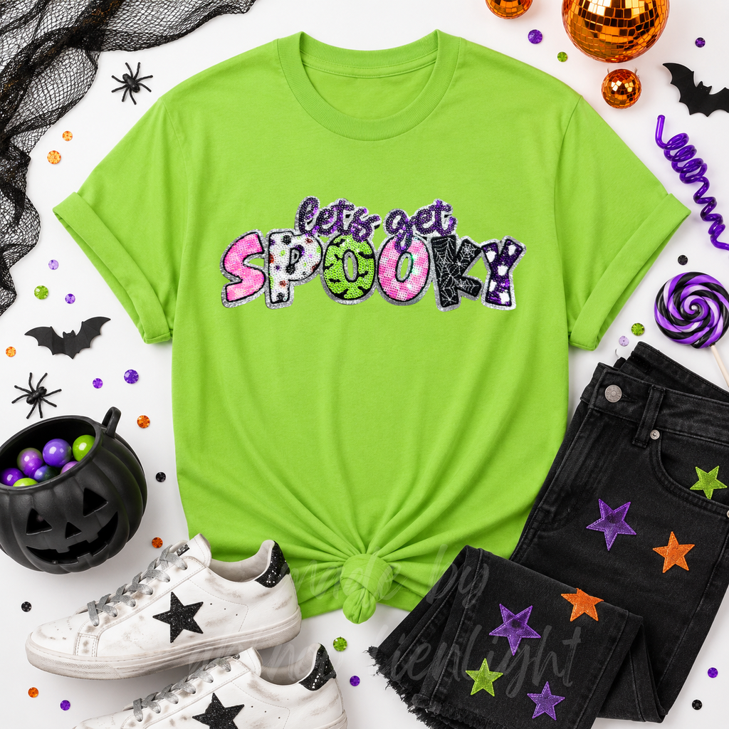 Lets Get Spooky Halloween Sequin Patch Tshirt