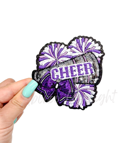 Purple Cheer Bow Megaphone Poms Sequin Patch - Small