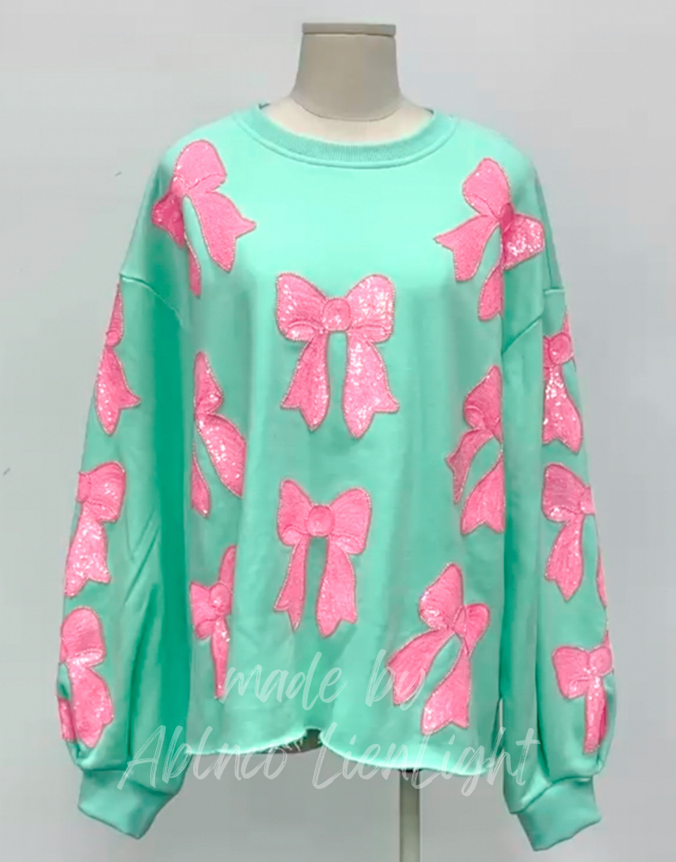 Pink Bows Mint Green Sequin Sweatshirt