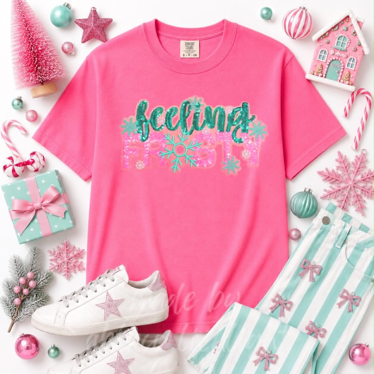 Feeling Frosty Christmas Sequin Patch Tshirt