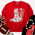 Red Bow Boot Touchdown Football Sequin Patch Sweatshirt