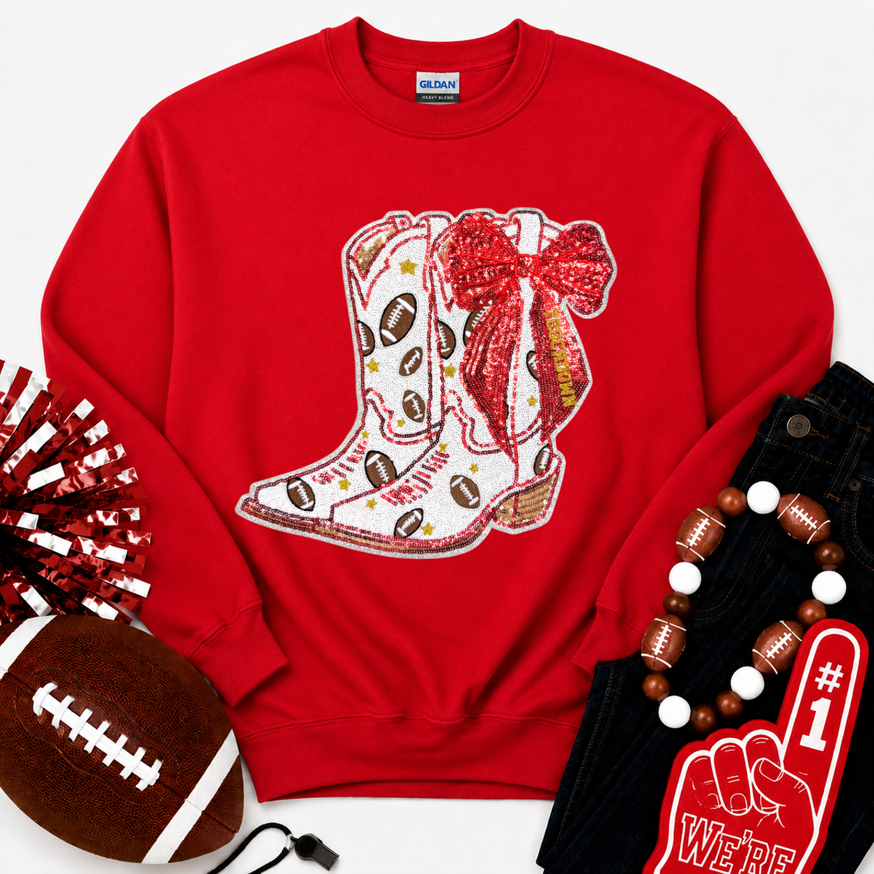 Red Bow Boot Touchdown Football Sequin Patch Sweatshirt