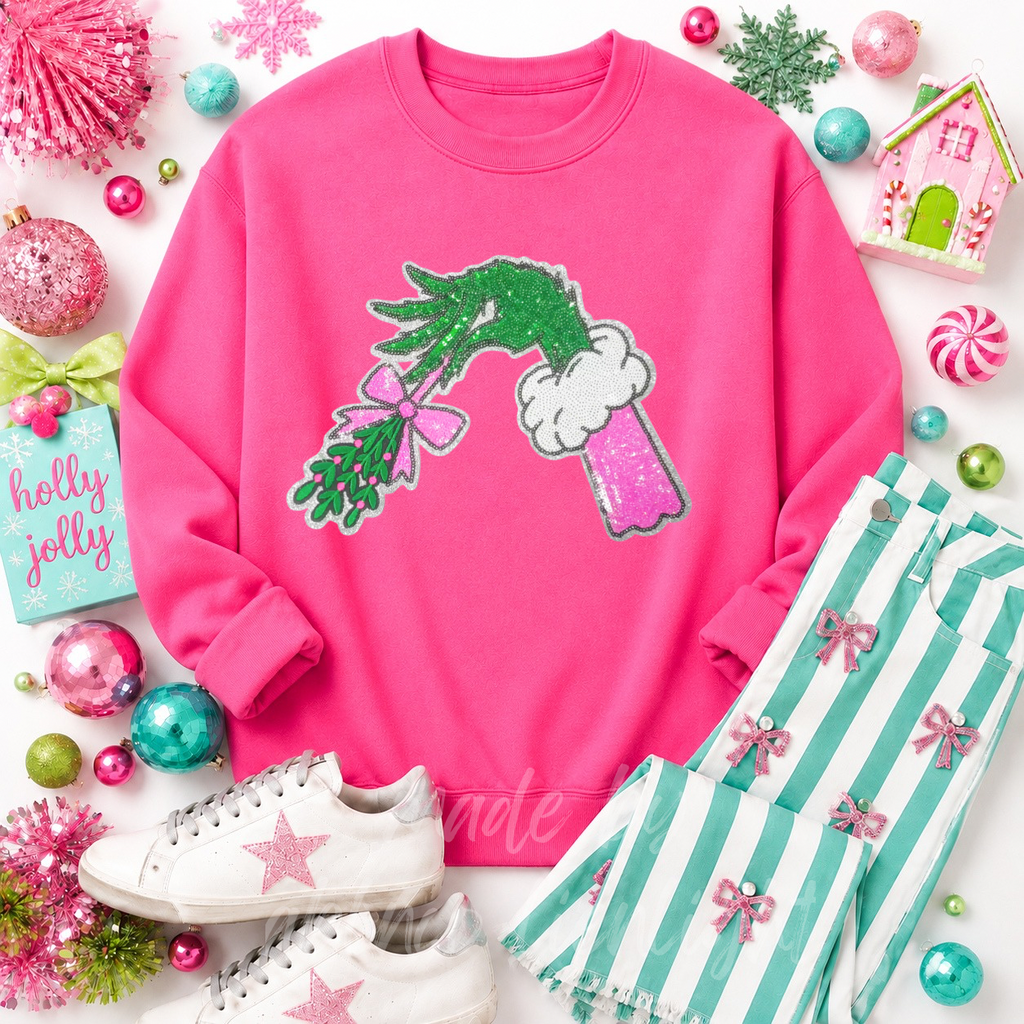 Grinch Hand Mistletoe Christmas Sequin Patch Sweatshirt
