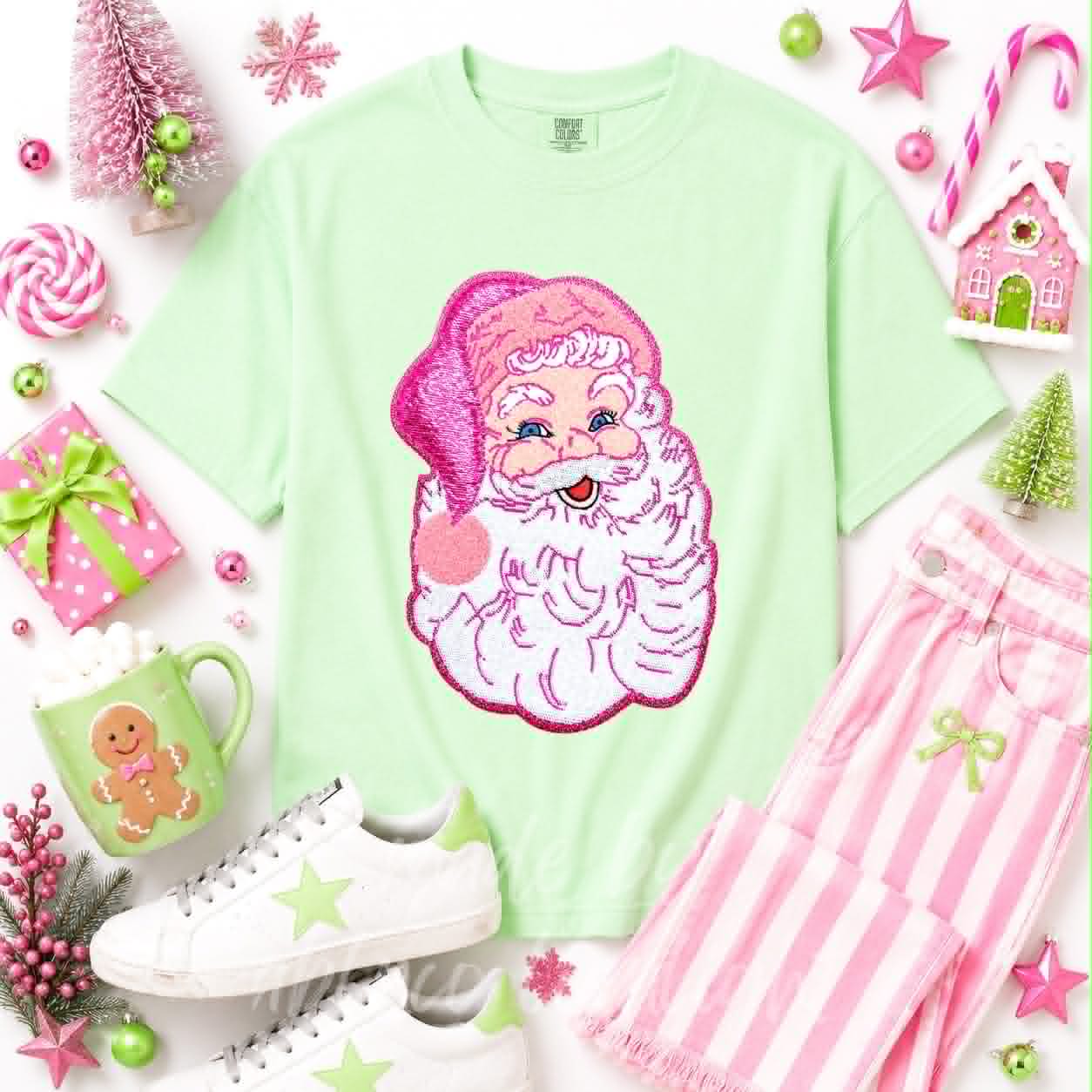 Pink Santa Christmas Sequin Patch Tshirt
