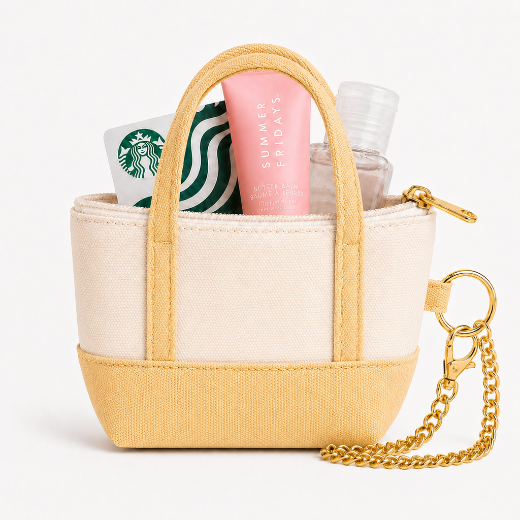 Yellow Canva Mini Tote Bag Keychain | Zippered Purse Charm & Pouch