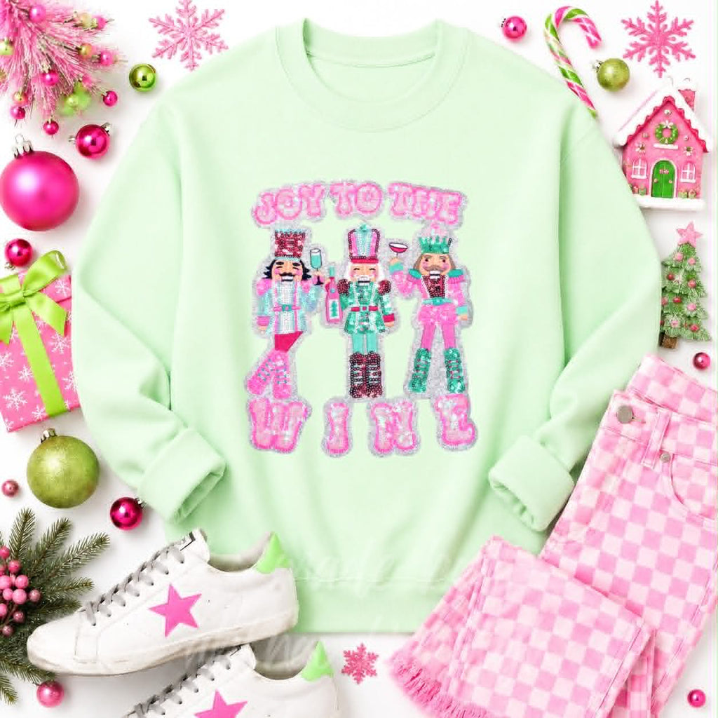 Joy to the Wine Nutcracker Christmas Sequin Patch Sweatshirt