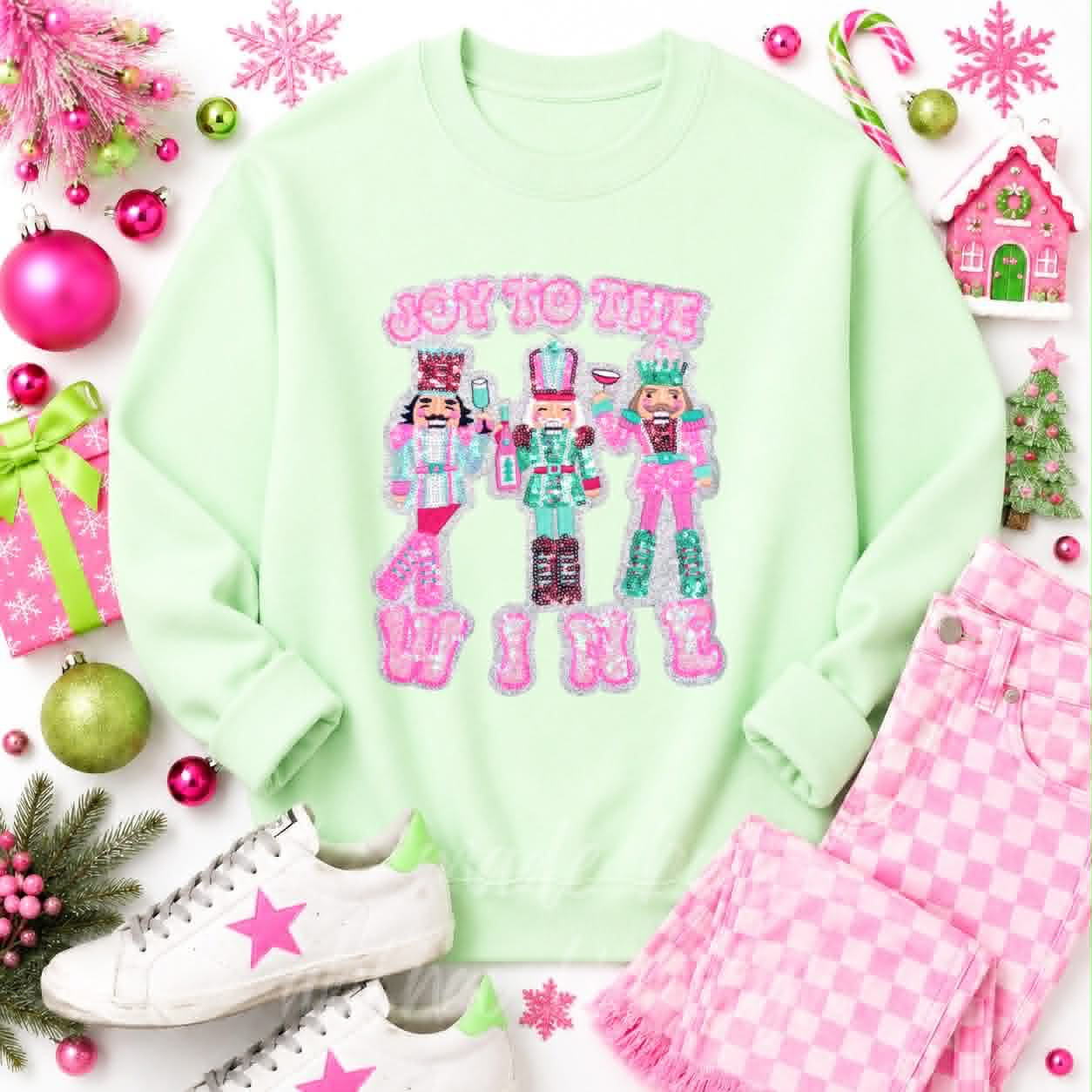 Joy to the Wine Nutcracker Christmas Sequin Patch Sweatshirt