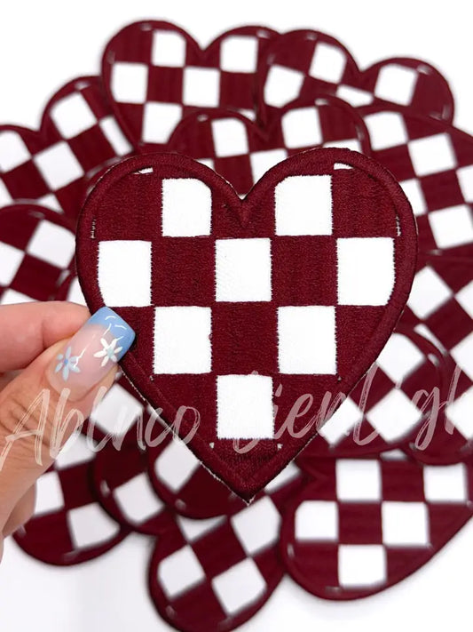 Maroon Checkered Heart Embroidery Patch